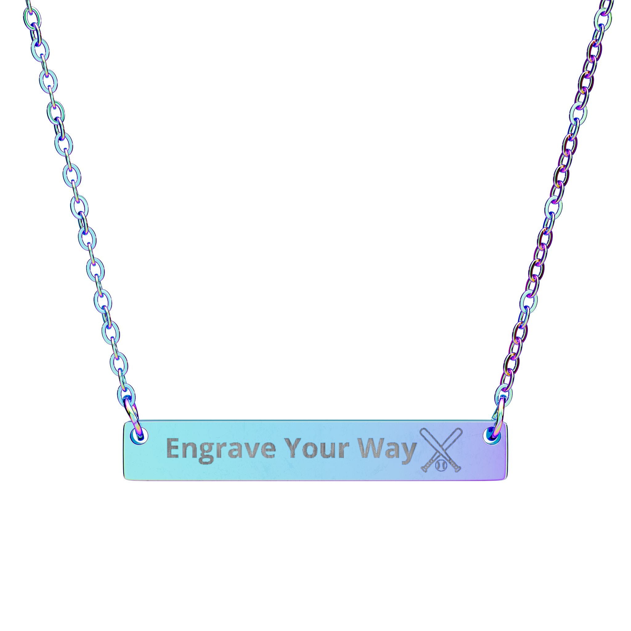 Polarized color necklace with a bar pendant with custom engraving and a crossed baseball bat and ball icon  on a white background