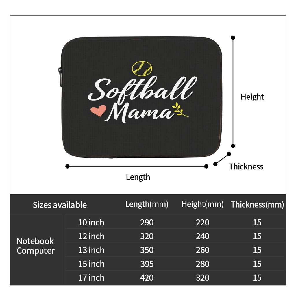 Black pouch with 'Softball Mama' text and measurements chart below