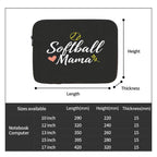 Black pouch with 'Softball Mama' text and measurements chart below