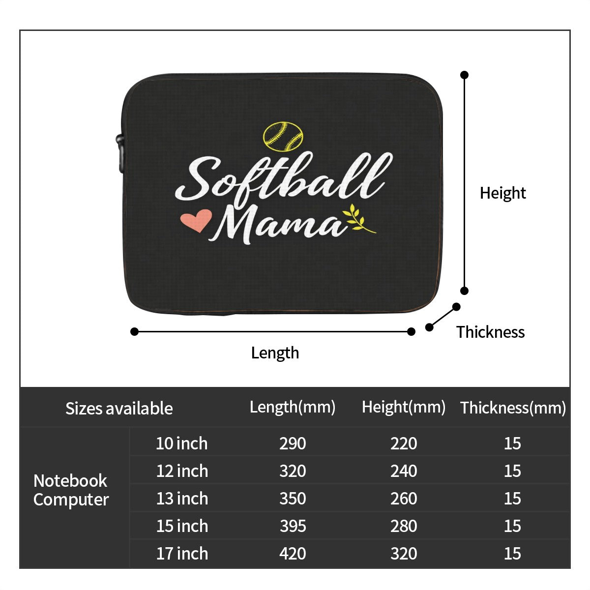 Black pouch with 'Softball Mama' text and measurements chart below