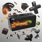 Black Bluetooth speaker with flame and softball design surrounded by abstract shapes on a gray background