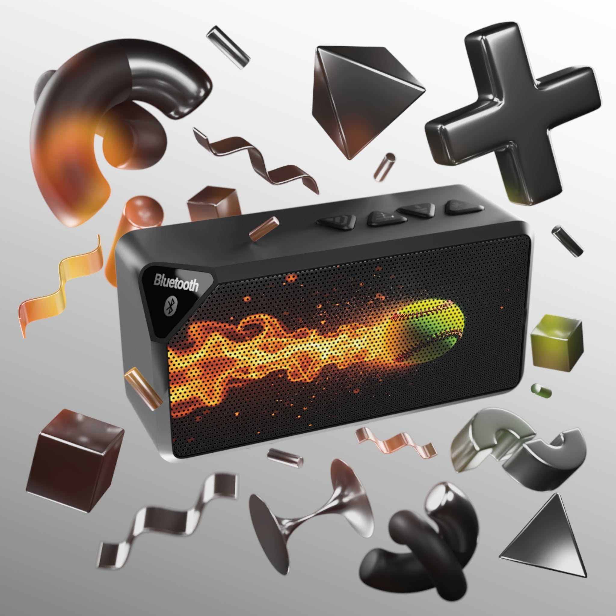 Black Bluetooth speaker with flame and softball design surrounded by abstract shapes on a gray background