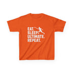 Orange t-shirt with 'Eat. Sleep. Ultimate. Repeat.' text and graphic on a white background