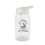 Clear water bottle with white cap and logo on a white background