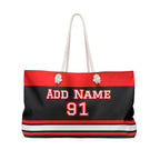 Black and red tote bag with customizable text on a white background