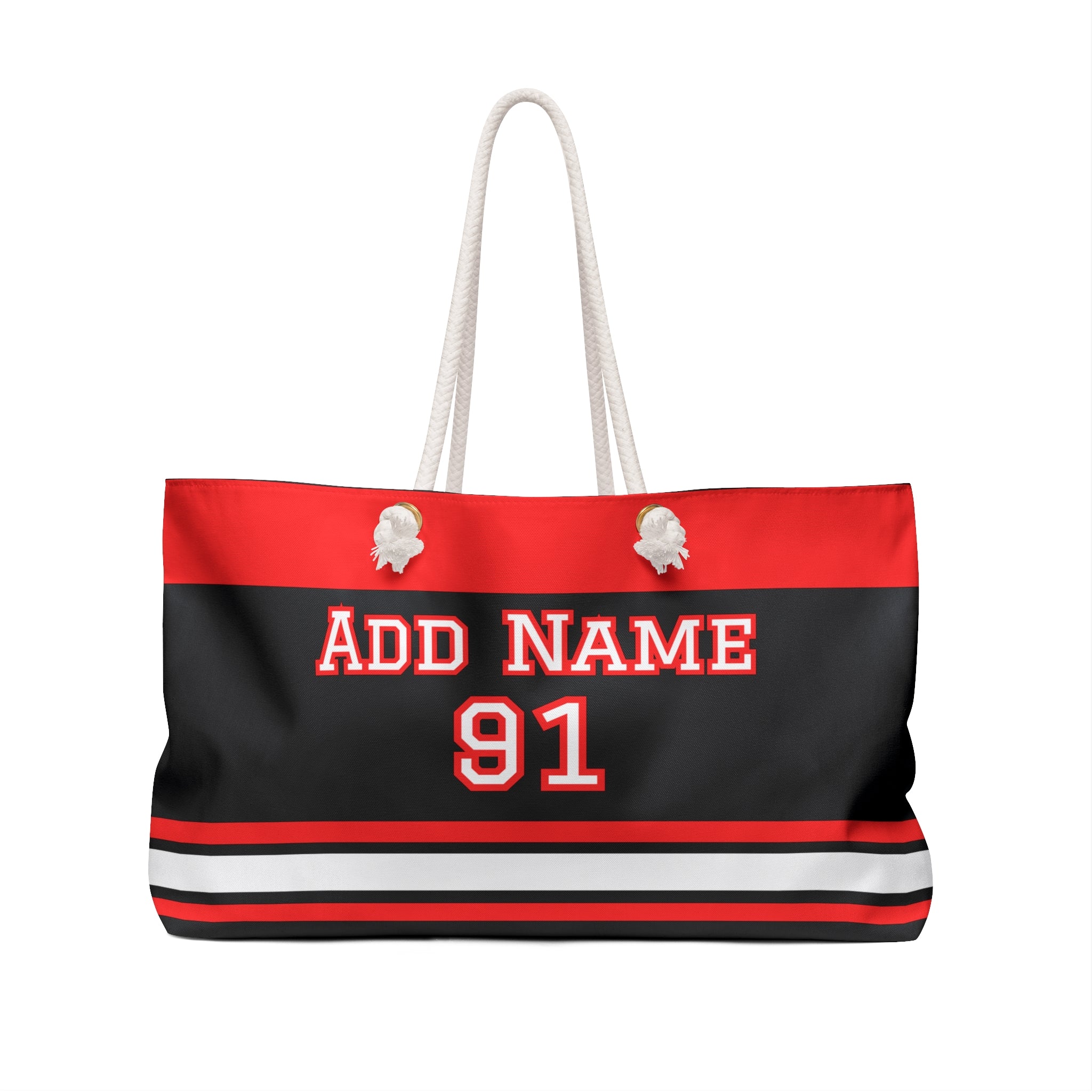 Black and red tote bag with customizable text on a white background