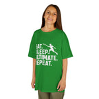 Child wearing a green t-shirt with 'Eat. Sleep. Ultimate. Repeat.' text and graphic on a white background