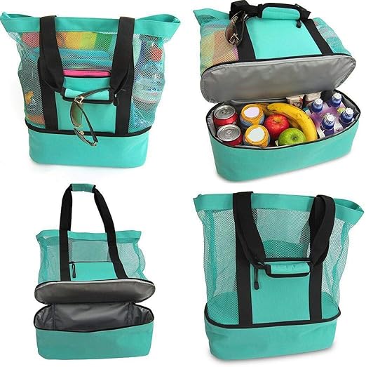 Teal mesh tote bag with black handles and trim, filled with snacks and drinks, on a white background.