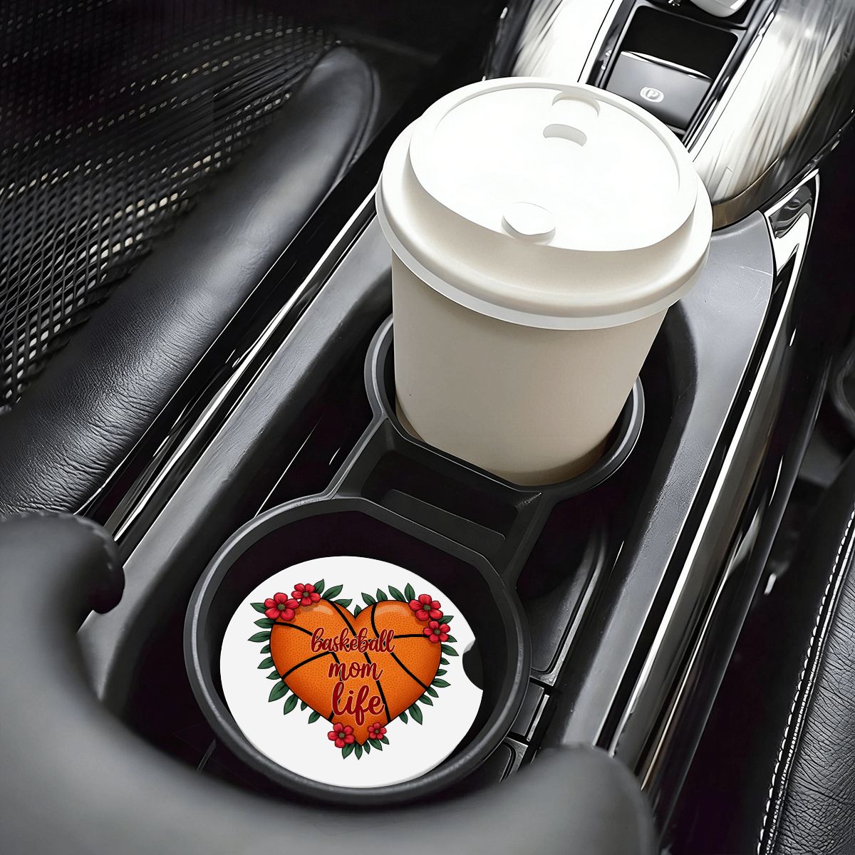 Basketball Mom Car Coasters – 2 Pack Ceramic Absorbent Cup Holder Inserts with Cork Base - Magnolia Wild SC