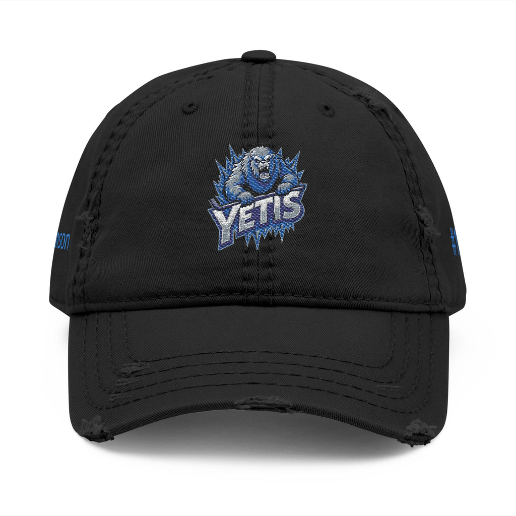 Black cap with blue and white logo on a white background
