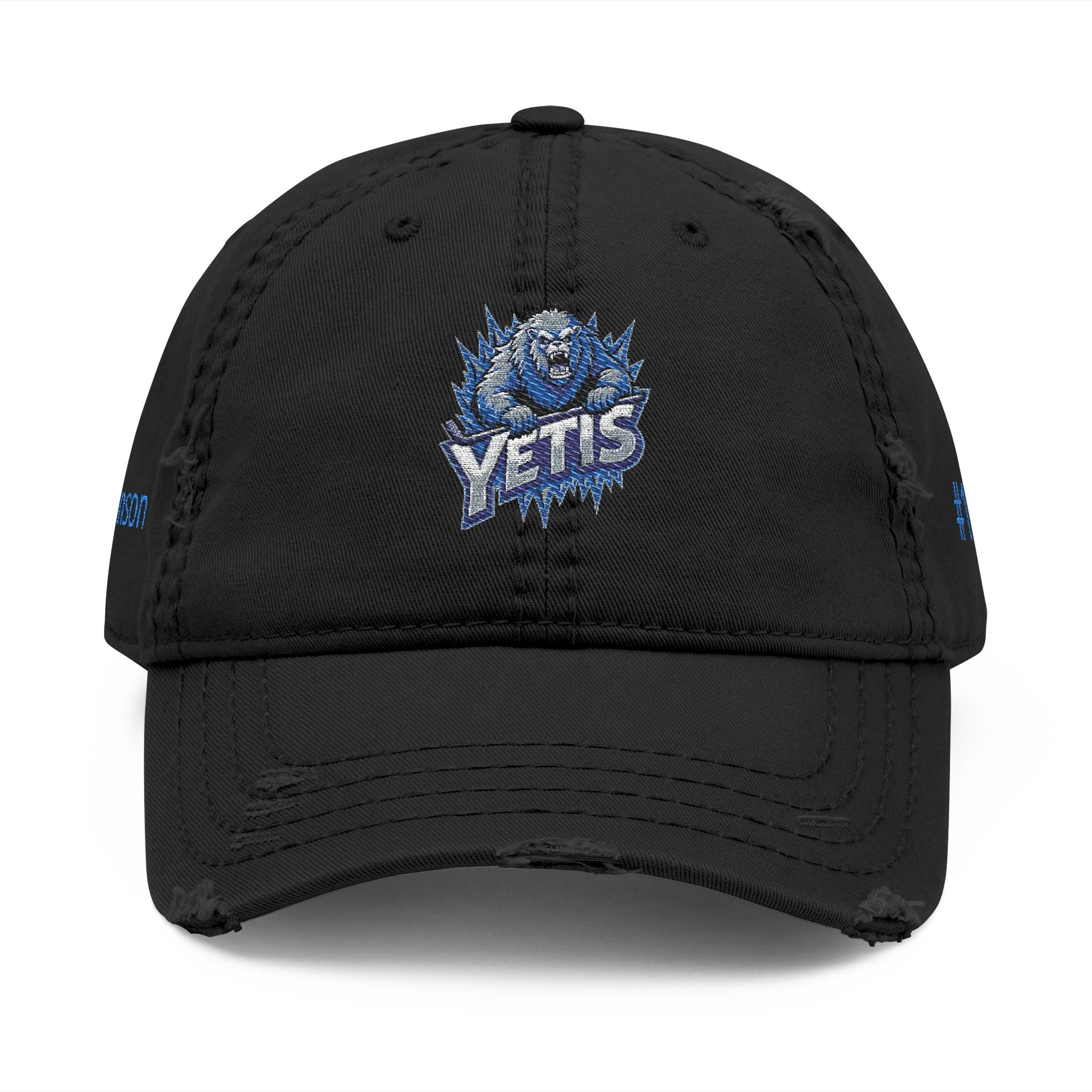 Black cap with blue and white logo on a white background