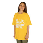 Child wearing a yellow t-shirt with 'Eat. Sleep. Ultimate. Repeat.' text and graphic on a white background