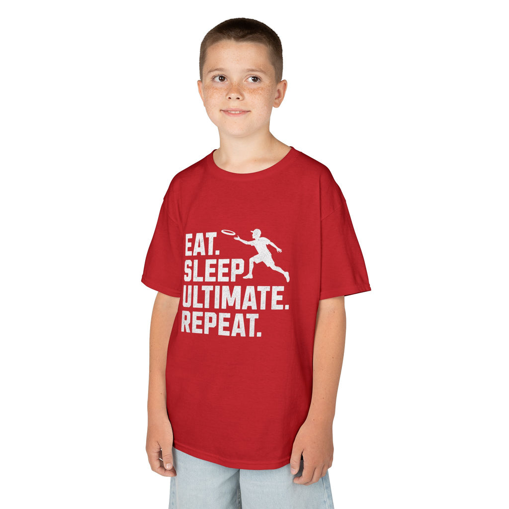 Child wearing a red t-shirt with 'Eat. Sleep. Ultimate. Repeat.' text and graphic on a white background