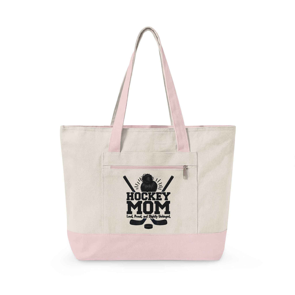 Personalized Hockey Mom Canvas Tote — Messy Bun, Big Energy, Full Gear