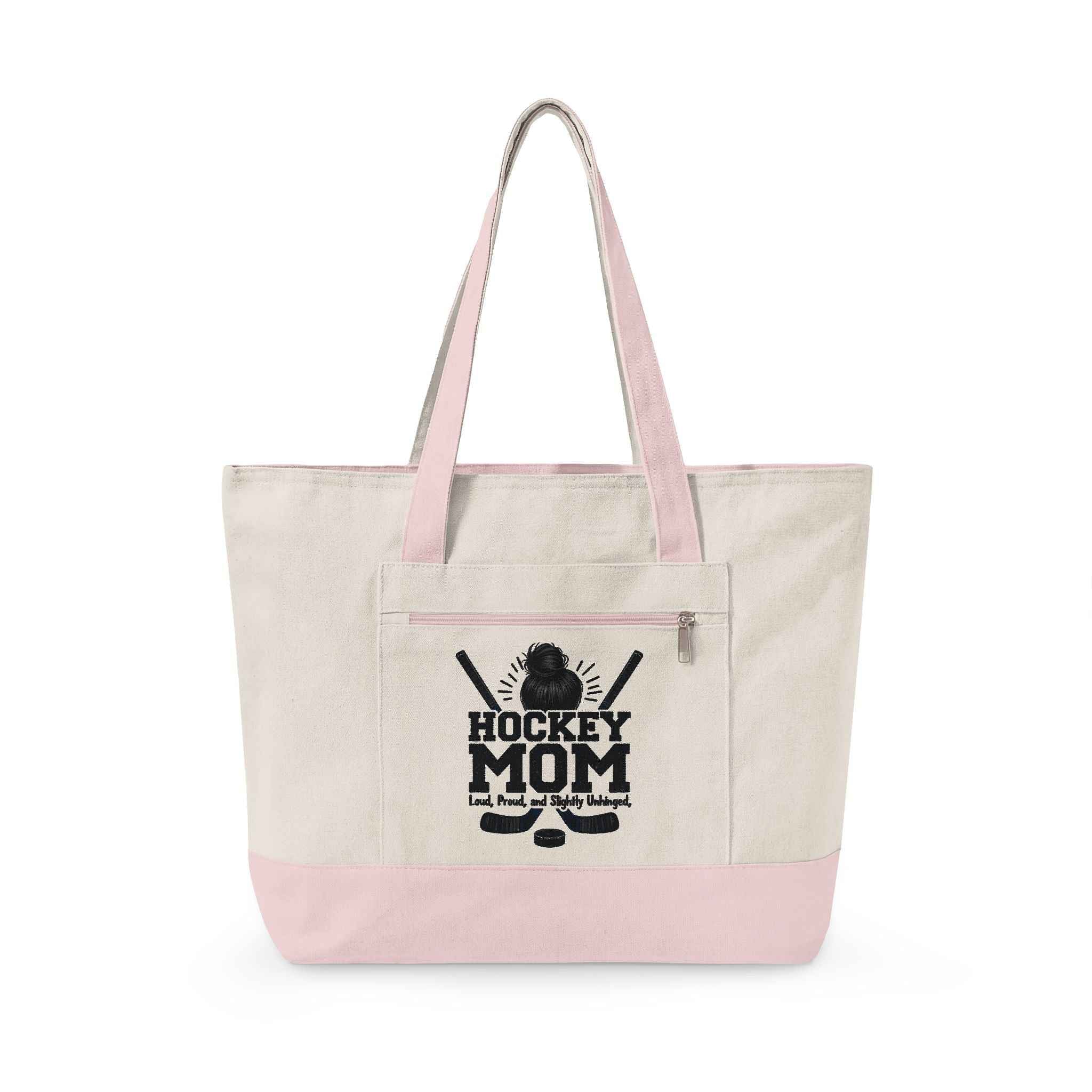 Personalized Hockey Mom Canvas Tote — Messy Bun, Big Energy, Full Gear