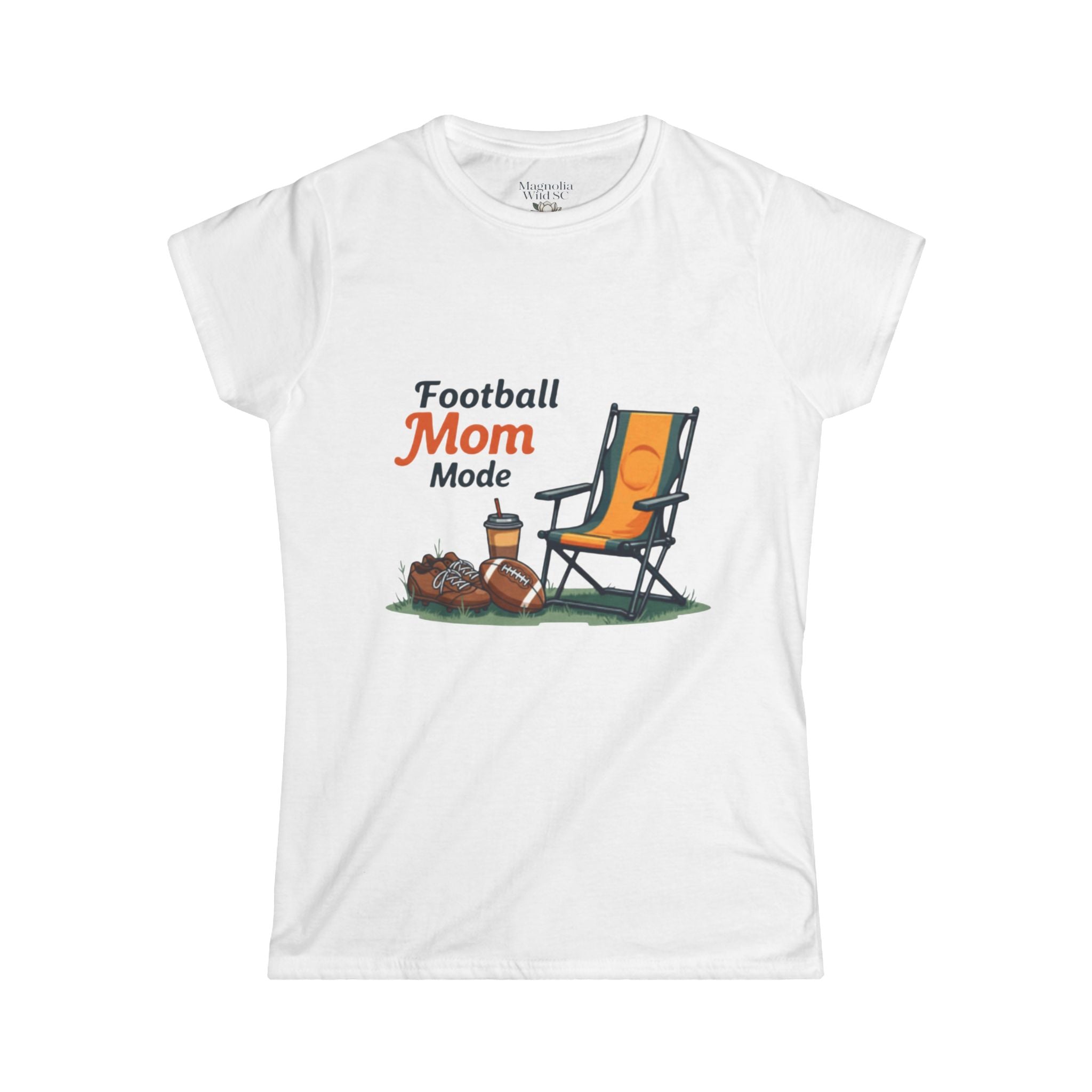 White t-shirt with 'Football Mom Mode' graphic featuring a chair, footballs, and a cup on a white background.