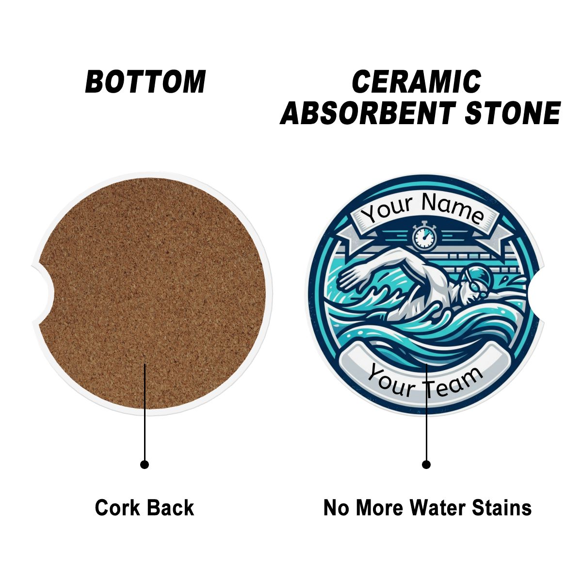 Cork back and ceramic absorbent stone with swim branding on a white background