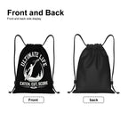 Black drawstring bag with front and back side display on a white background