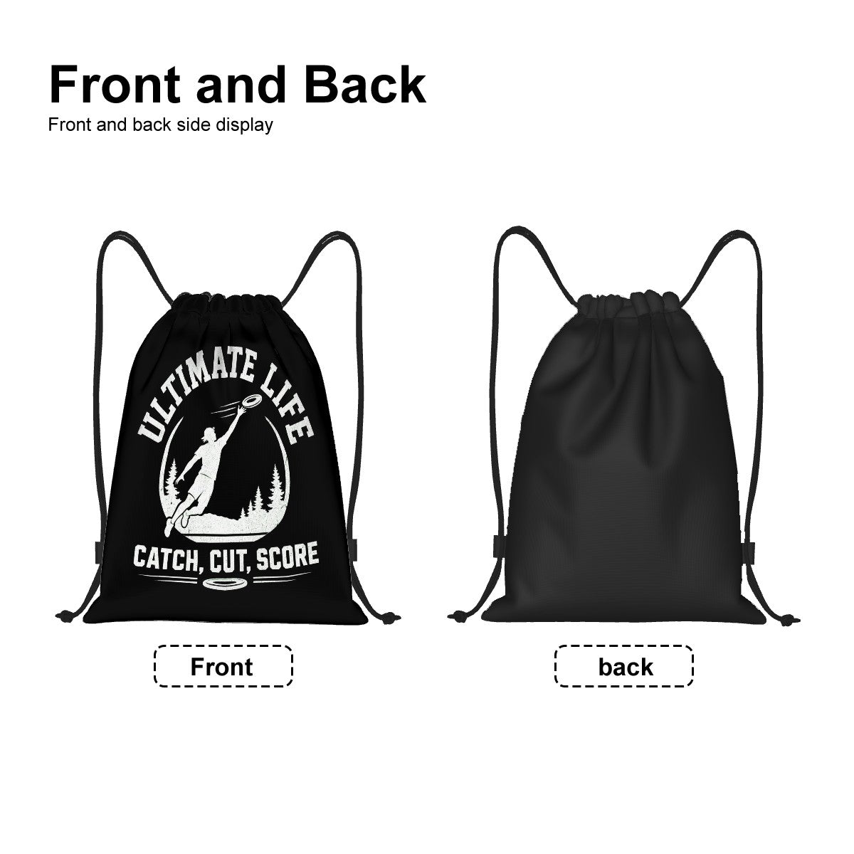 Black drawstring bag with front and back side display on a white background