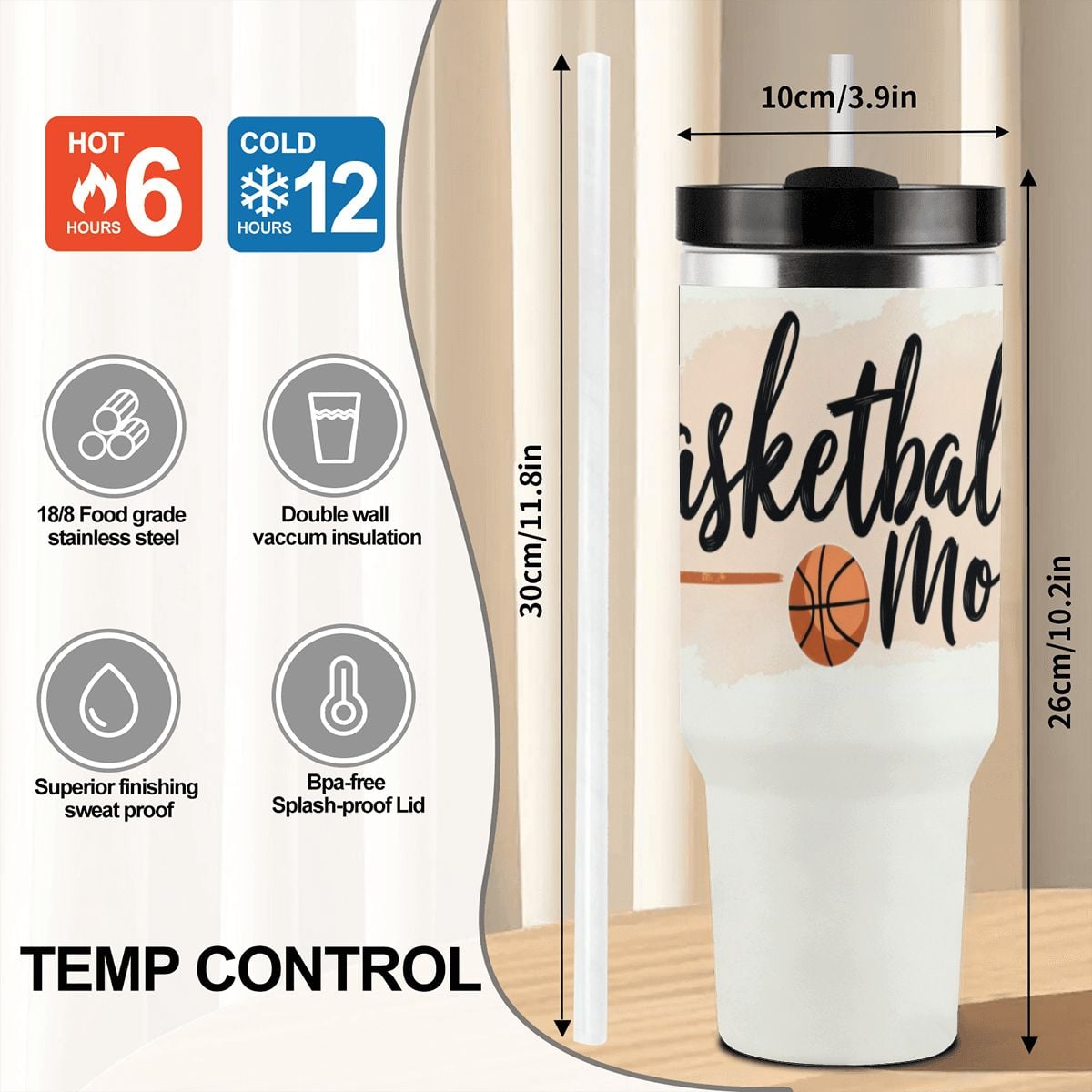 Elegant Watercolor Basketball Mom 40oz Insulated Tumbler with Handle and Straw - Magnolia Wild SC
