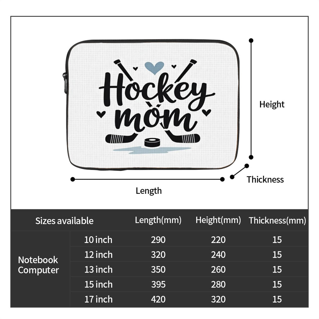 Hockey mom laptop sleeve with measurements and size chart on a white background
