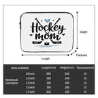 Hockey mom laptop sleeve with measurements and size chart on a white background
