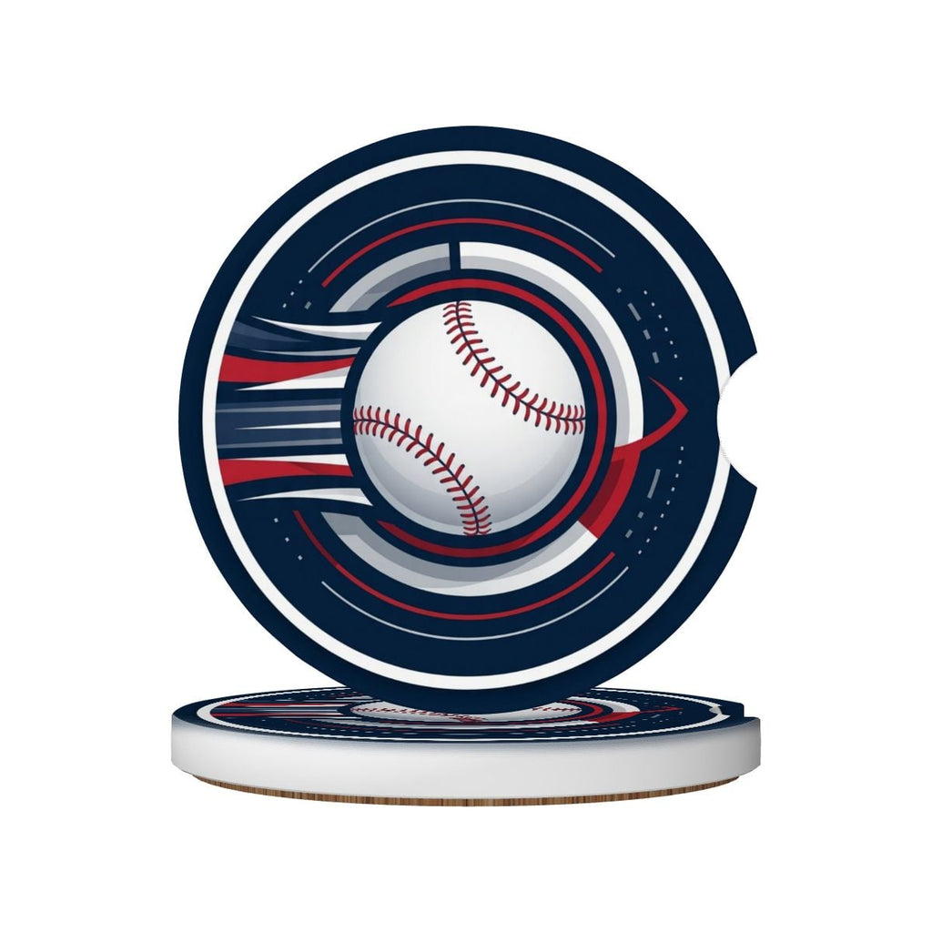 Baseball-themed car coaster with a blue, red, and white design on a white background