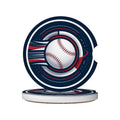 Baseball-themed car coaster with a blue, red, and white design on a white background