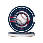 Baseball-themed car coaster with a blue, red, and white design on a white background