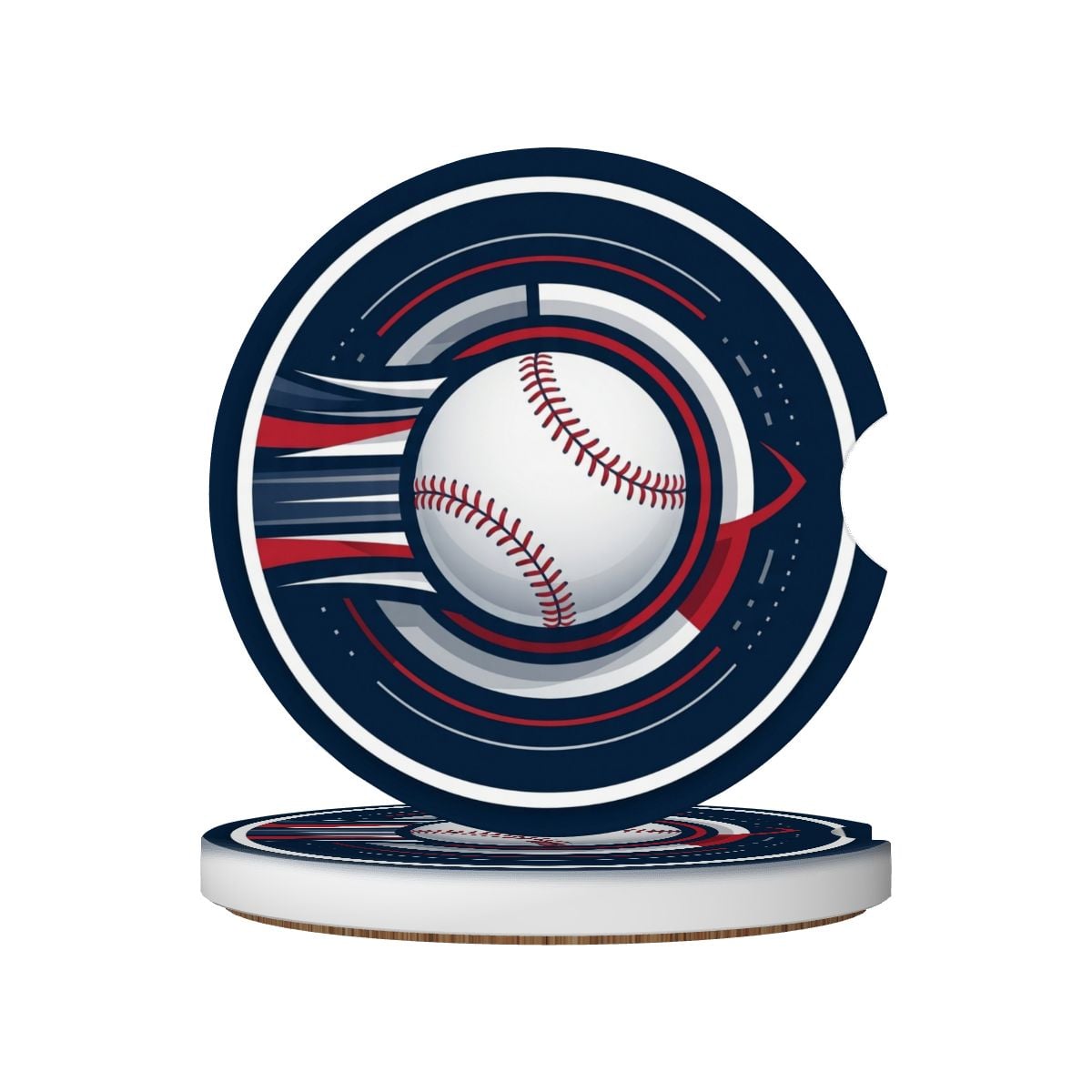 Baseball-themed car coaster with a blue, red, and white design on a white background
