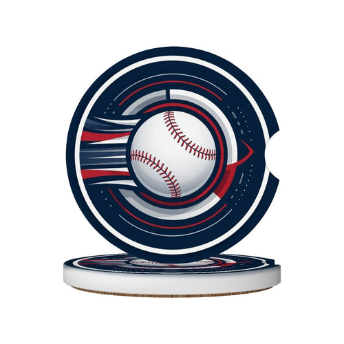 Baseball-themed car coaster with a blue, red, and white design on a white background