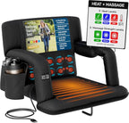 Heated and massaged stadium seat with control panel and cup holder on a white background