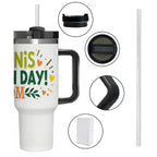 White travel mug with colorful "Tennis Match Day Mom" text and black handle, surrounded by close-up insets of lid, handle, and straw.