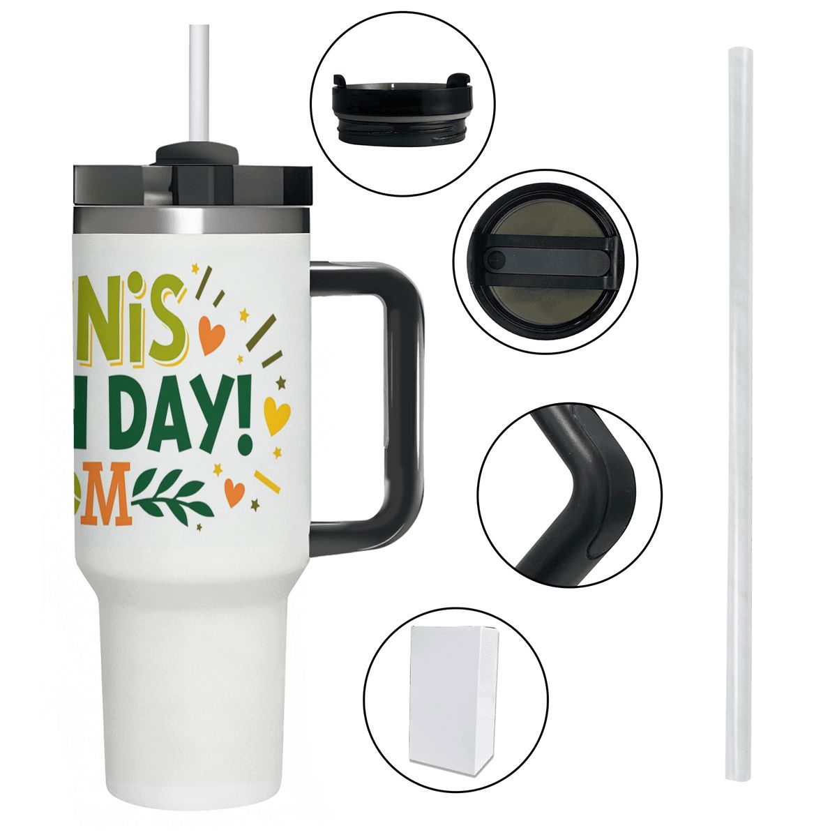 White travel mug with colorful "Tennis Match Day Mom" text and black handle, surrounded by close-up insets of lid, handle, and straw.