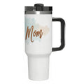 White travel mug with 'Swim Mom' text and floral design on a white background