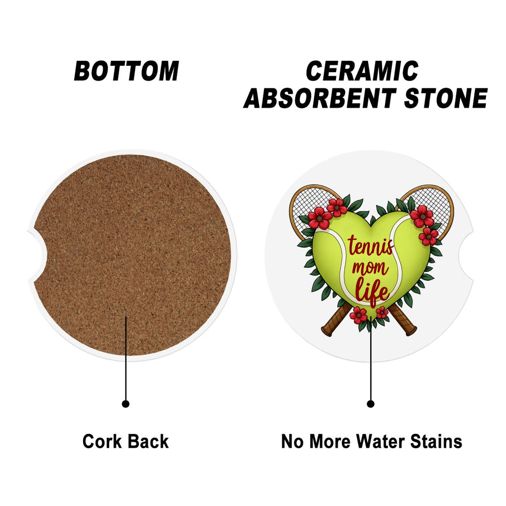 Tennis Mom Car Coasters – 2 Pack Ceramic Absorbent Cup Holder Inserts with Cork Base - Magnolia Wild SC