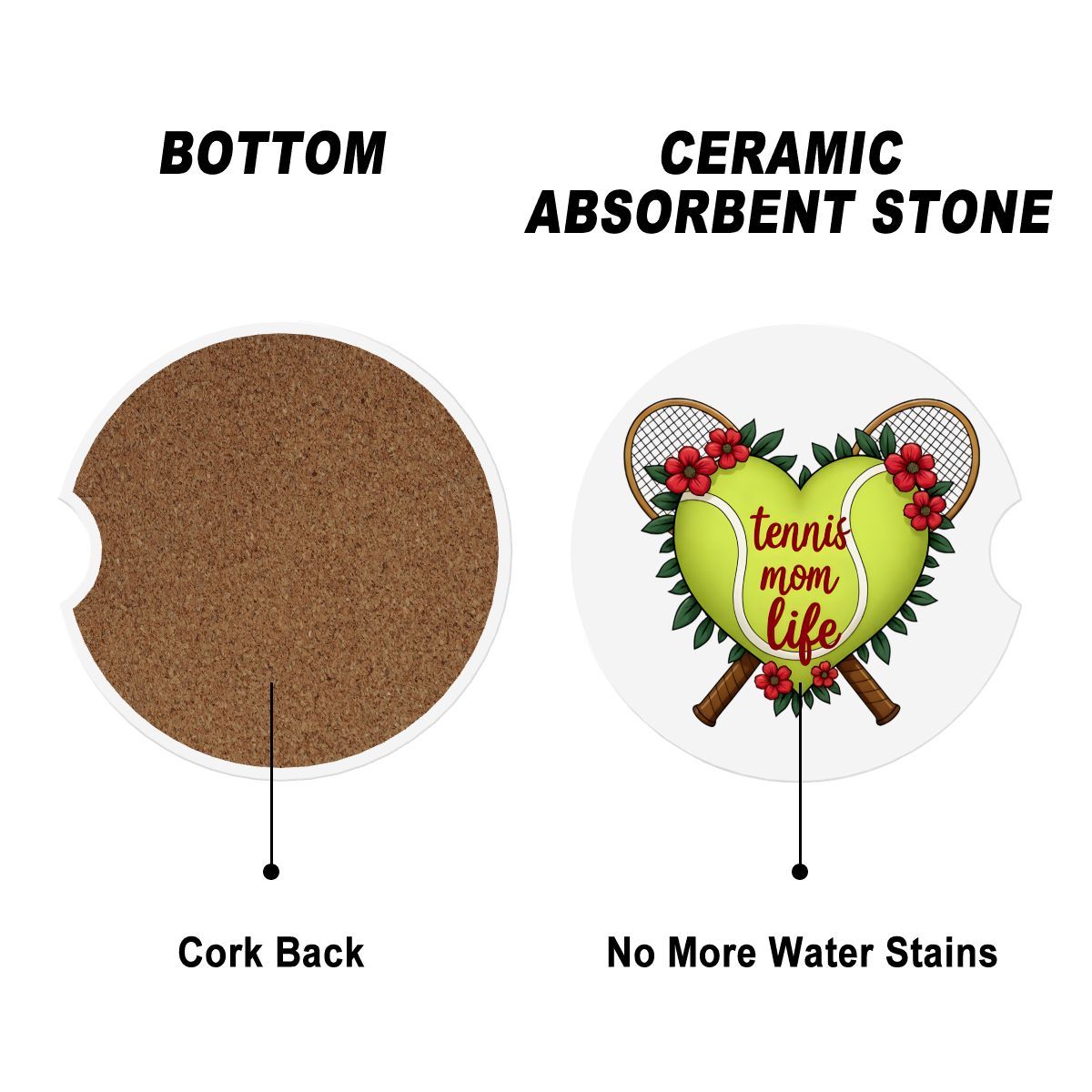 Tennis Mom Car Coasters – 2 Pack Ceramic Absorbent Cup Holder Inserts with Cork Base - Magnolia Wild SC