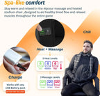 Advertisement for an Alpcour massage and heated stadium chair with text and graphics on a yellow background.