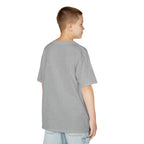 Person wearing a gray t-shirt on a white background
