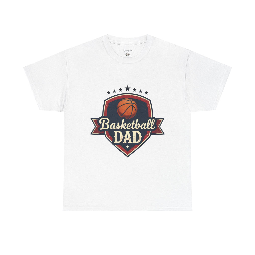White t-shirt with 'Basketball Dad' graphic on a white background