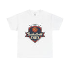 White t-shirt with 'Basketball Dad' graphic on a white background