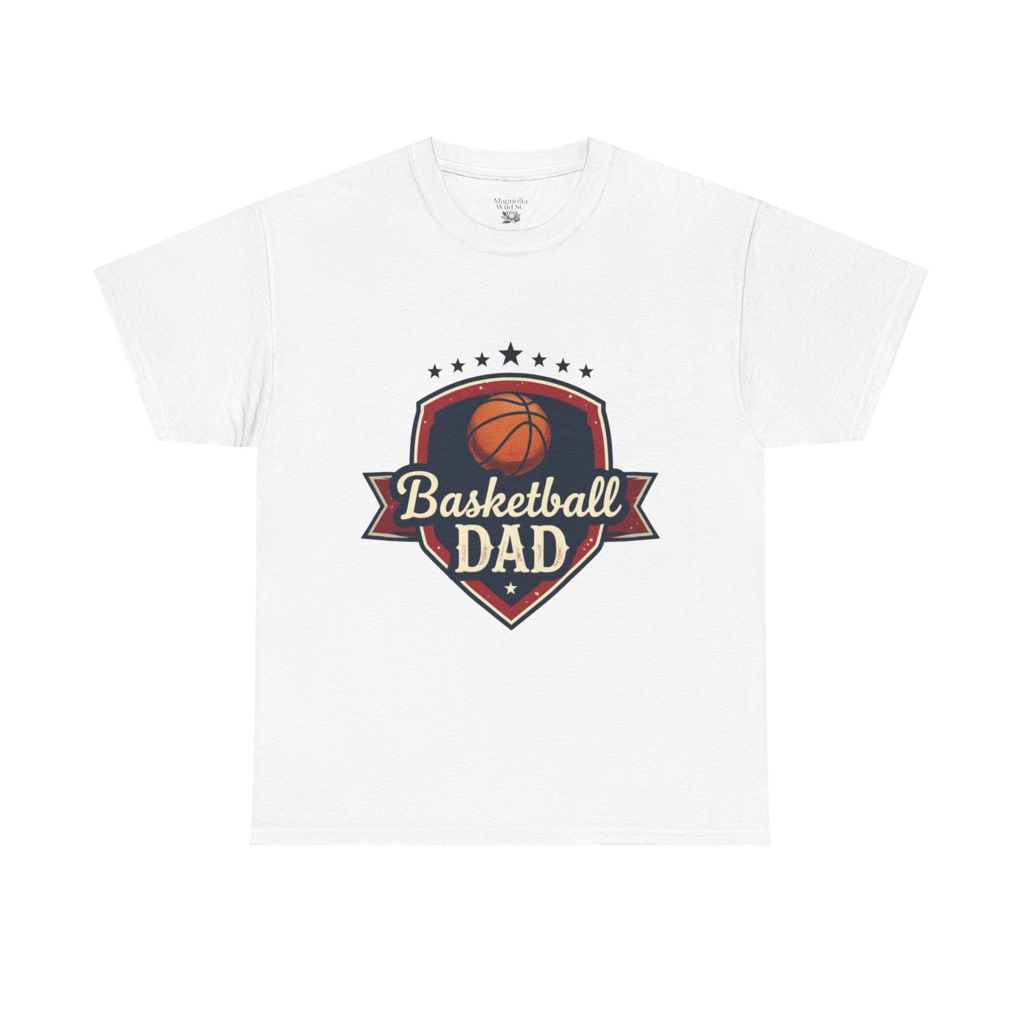 White t-shirt with 'Basketball Dad' graphic on a white background