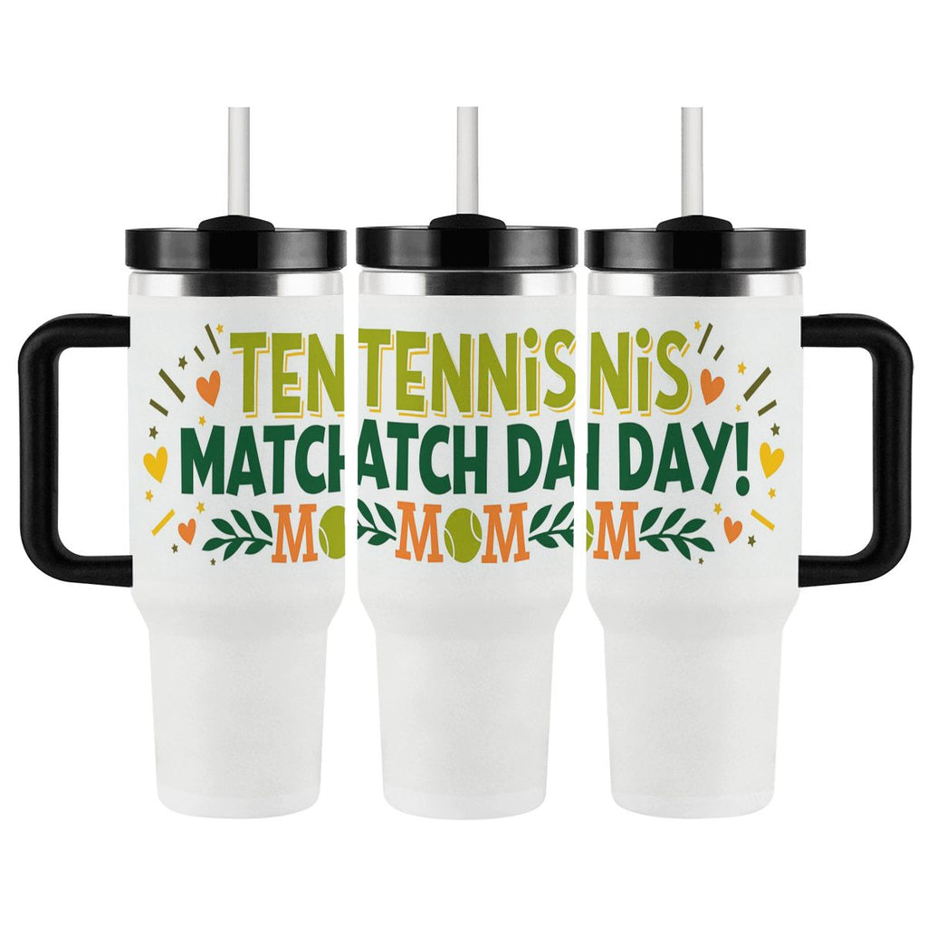 Three white tumblers with black handles and lids, featuring colorful "Tennis Match Day Mom" text and tennis-themed graphics on a white background.