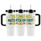 Three white tumblers with black handles and lids, featuring colorful "Tennis Match Day Mom" text and tennis-themed graphics on a white background.