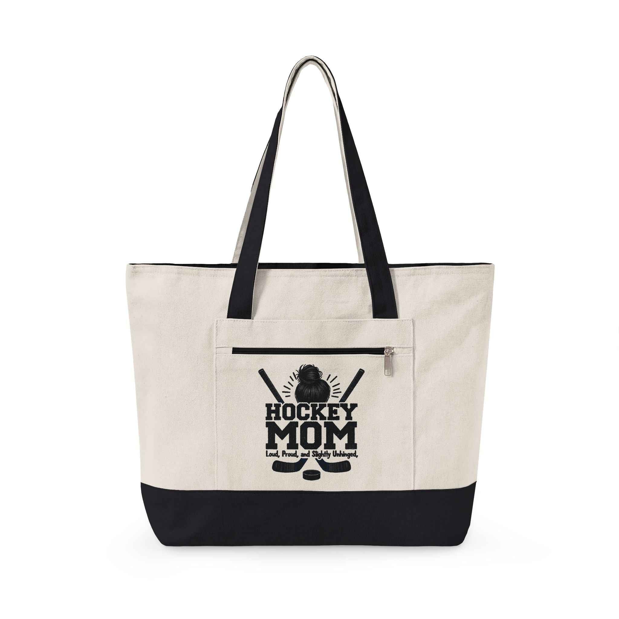Personalized Hockey Mom Canvas Tote — Messy Bun, Big Energy, Full Gear