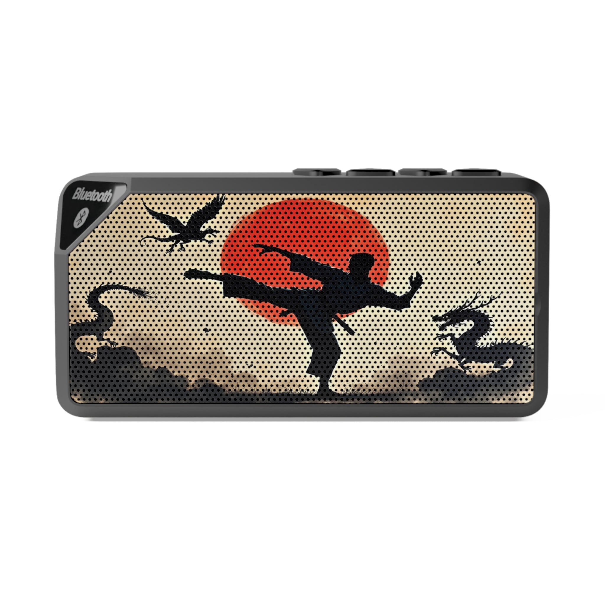 Bluetooth speaker with martial arts design featuring a silhouette of a person kicking, a red sun, and dragons.