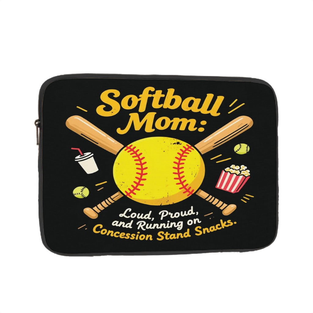 Black laptop sleeve with softball mom design featuring a yellow softball, bats, and concession stand snacks.