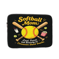 Black laptop sleeve with softball mom design featuring a yellow softball, bats, and concession stand snacks.