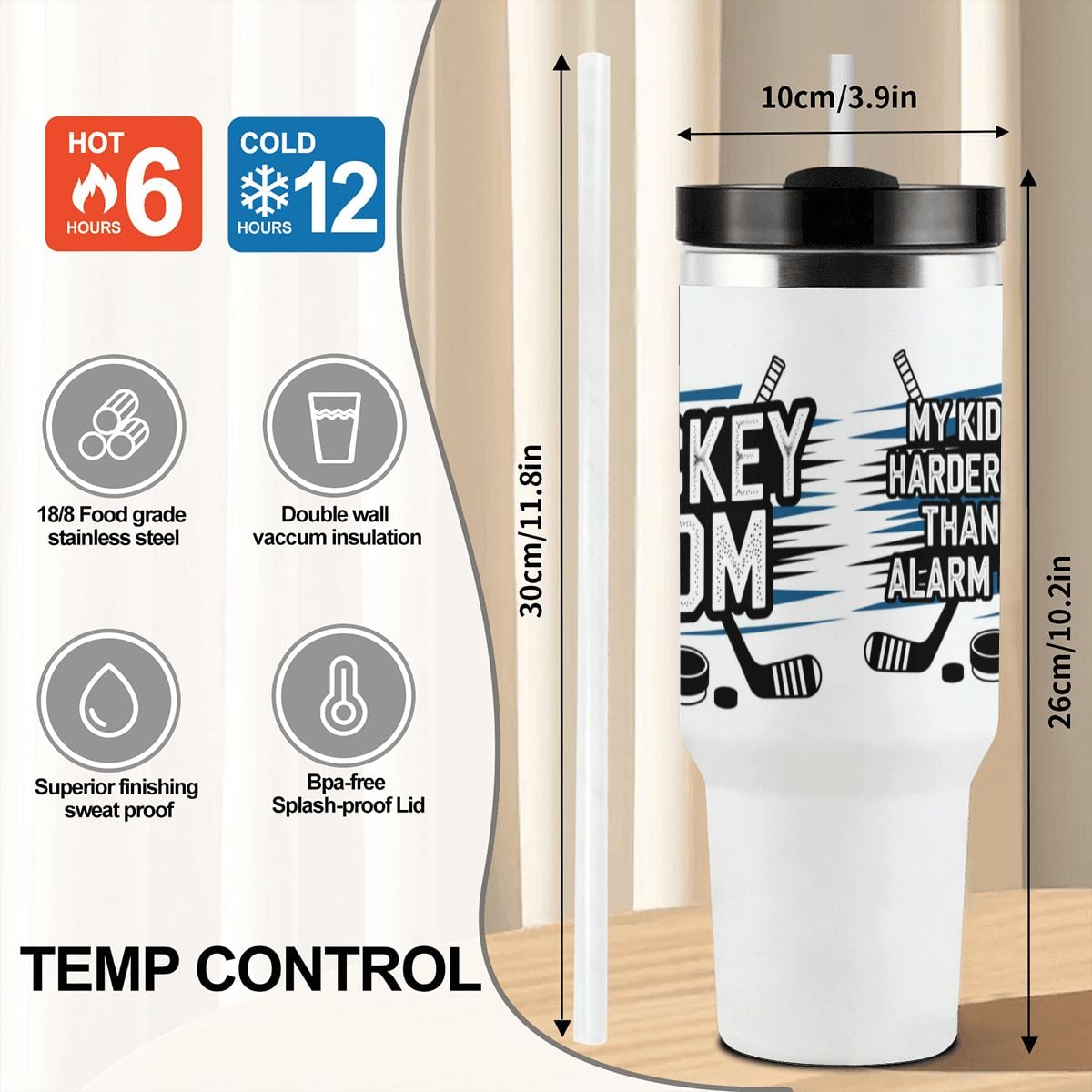 "My Kid Hits Harder Than My Alarm Clock" Hockey Mom 40oz Tumbler with Handle and Straw - Magnolia Wild SC