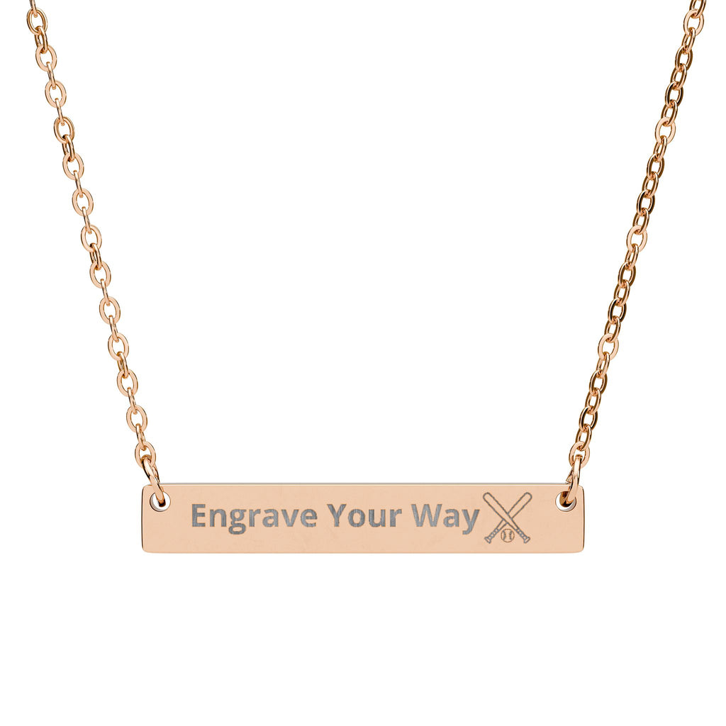 Rose gold necklace with custom engraving and a crossed baseball bat and ball icon  on a white background